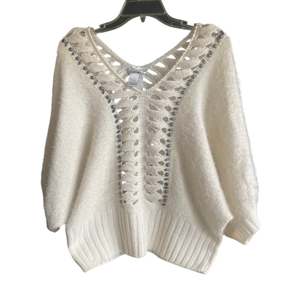 Alberto Makali NY Paris Luxury Ivory Sweater with Batwings and Stud Detail. Lg.